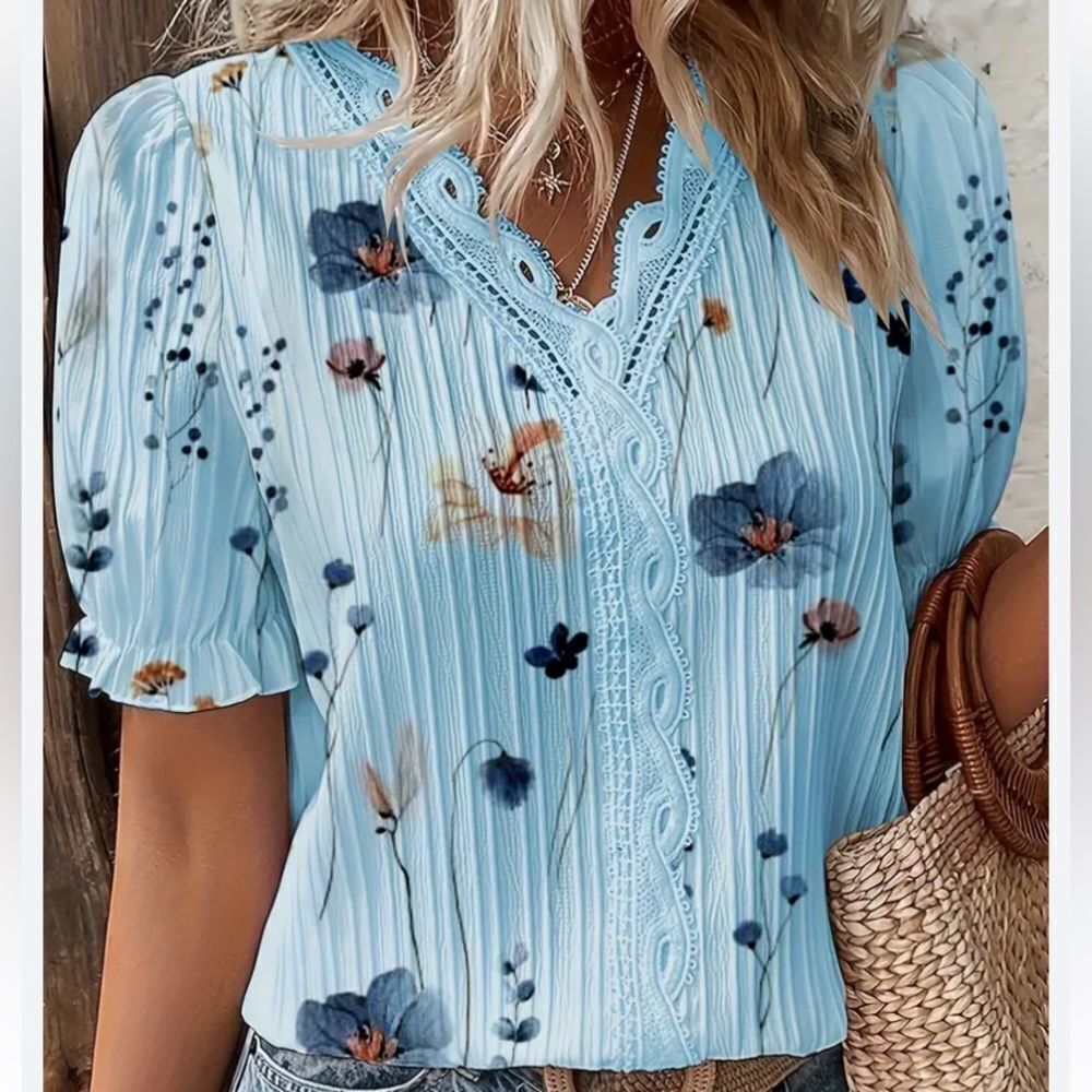 Floral Print Contrast Lace Blouse Casual V Neck Size XL